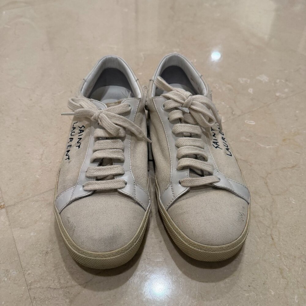 Saint Laurent Andy Shoe Distressed Canvas Classic Court Sneakers SZ 9, Off White - Picture 4 of 7
